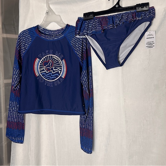 Nautica Girls Swimsuit UV Protect Nautical Blue White & Red 2 Pc. Long Sleeve - Picture 1 of 15